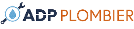 Logo ADP Plombier: une goutte d'eau bleue dans un cercle avec des clés à molette. Texte bleu 'ADP' et orange 'PLOMBIER'.