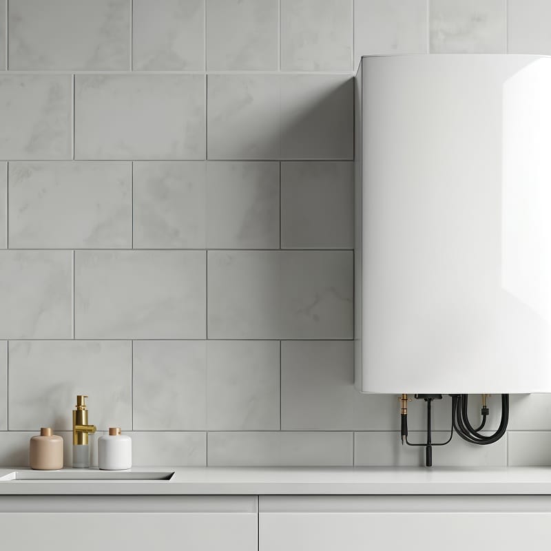 Chauffe-eau mural blanc moderne installé au-dessus d'un comptoir avec distributeurs, sur un mur carrelé gris clair.