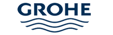 Logo Grohe bleu marine, marque de robinetterie. Le nom GROHE est écrit en majuscules au-dessus de trois lignes ondulées symbolisant l'eau.