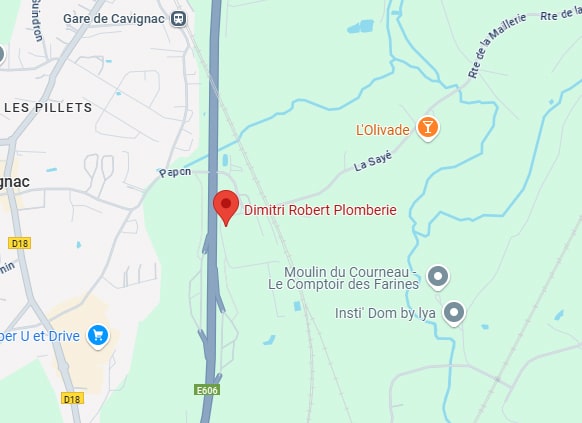 Carte de Cavignac montrant Dimitri Robert Plomberie (point rouge) sur l'E606, près de la Gare de Cavignac, L'Olivade et Super U.