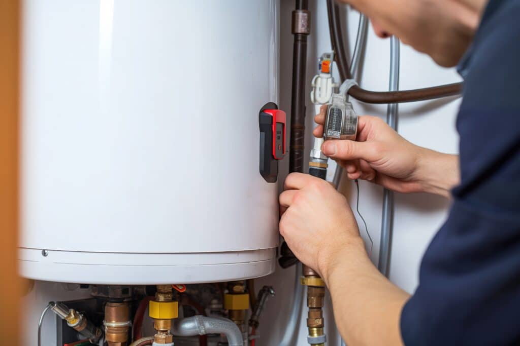 Un technicien qualifié connecte ou répare un chauffe-eau blanc, manipulant des tuyaux en cuivre et des connexions sous l'appareil.